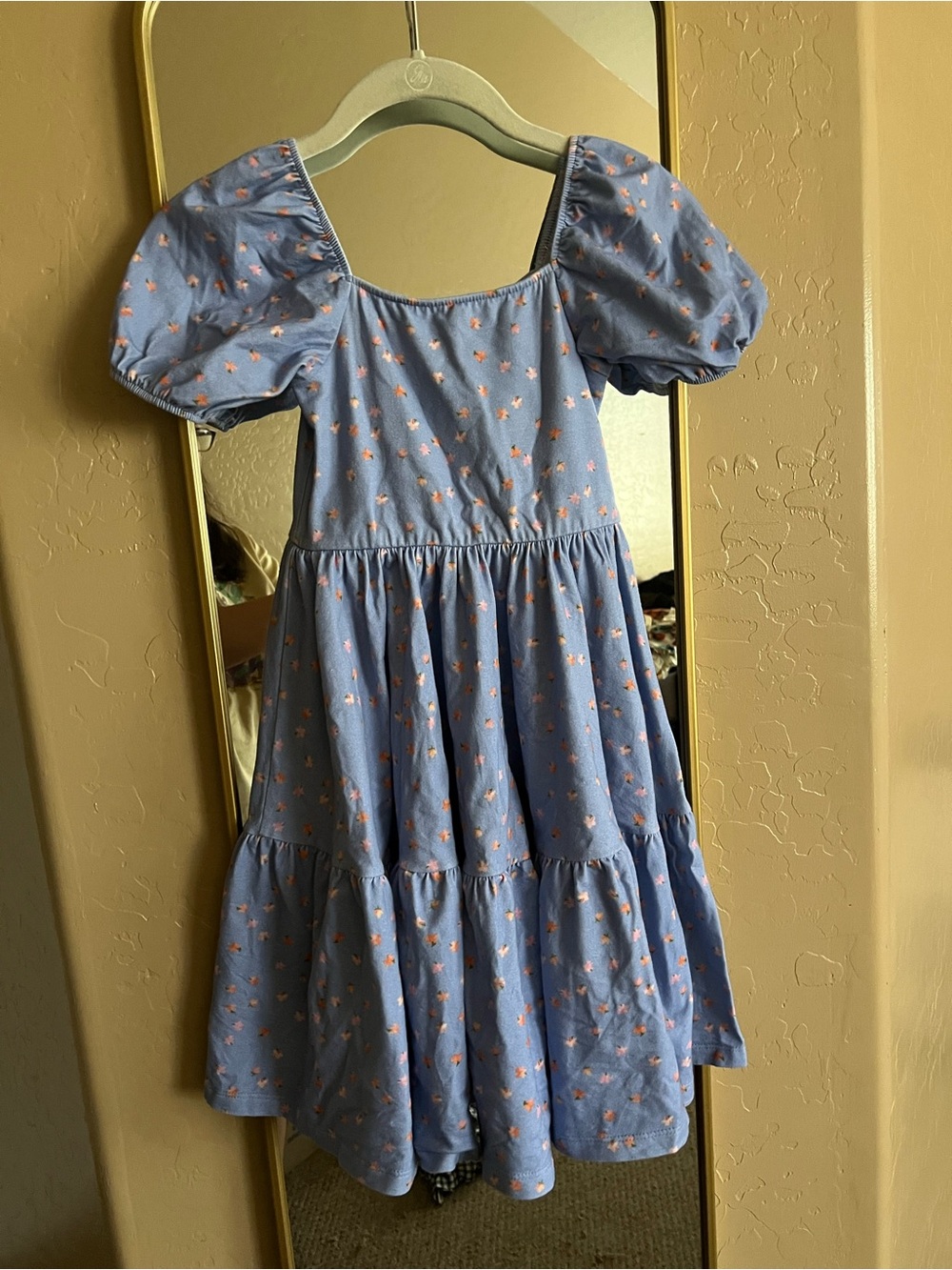 Girls Blue Floral Puff-Sleeve Tiered Dress